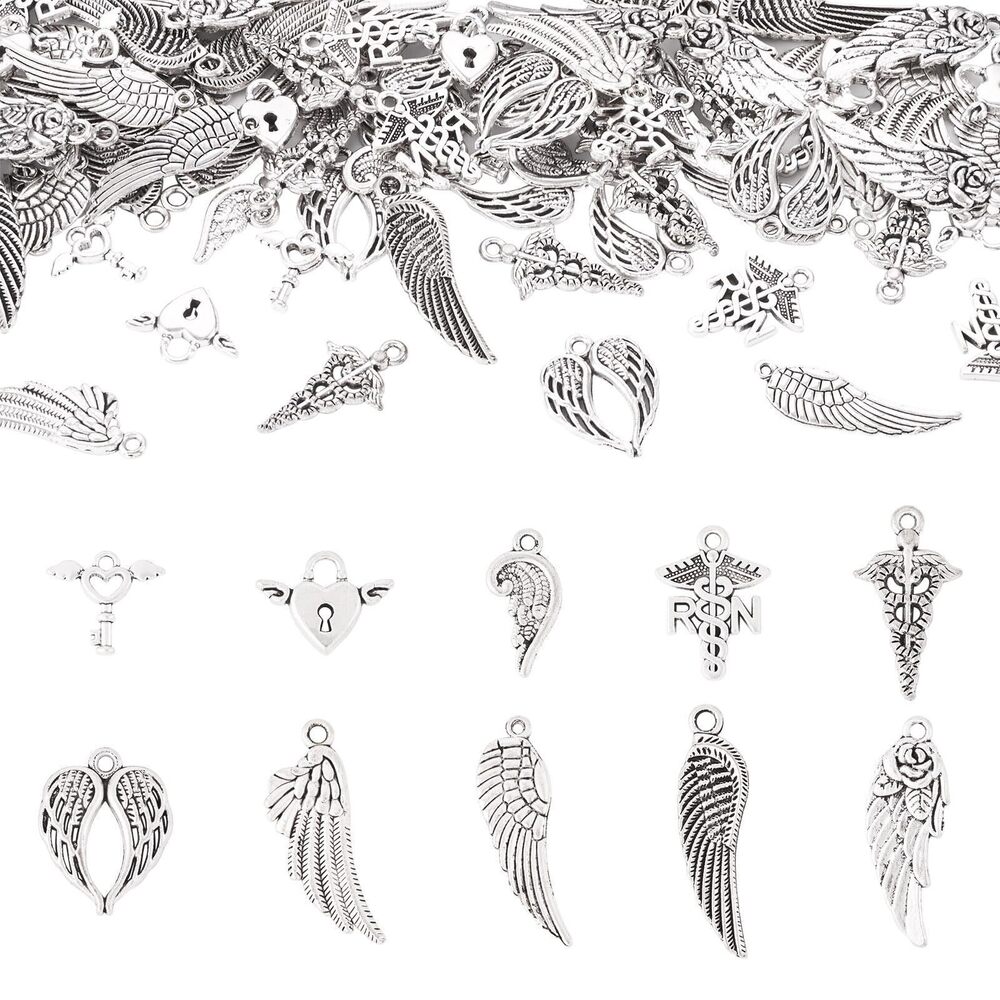 9983 100Pcs Assorted Angel Wing Charms Antique Silver Charms Vintage Charms